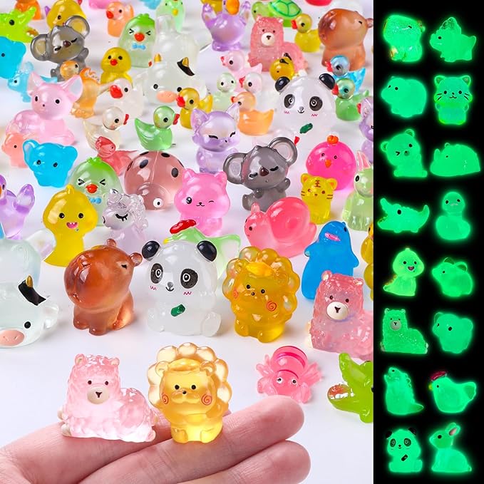 DIYDEC 60PCS Luminous Mini Resin Animals 60 Styles Miniatures Glow in The Dark Tiny Little Figures to Hide Small Duck Figures for Party Favors Bag Fillers Garden Dollhouse Decor