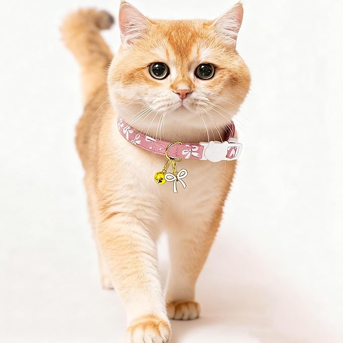 2 Pack Cotton Breakaway Cat Collars Set with Bell and Flower Pendant, Cute Floral Fruit Patterned, Adjustable 7.5-11Inch, Include A Mouse Toy Gift (Bowtie)