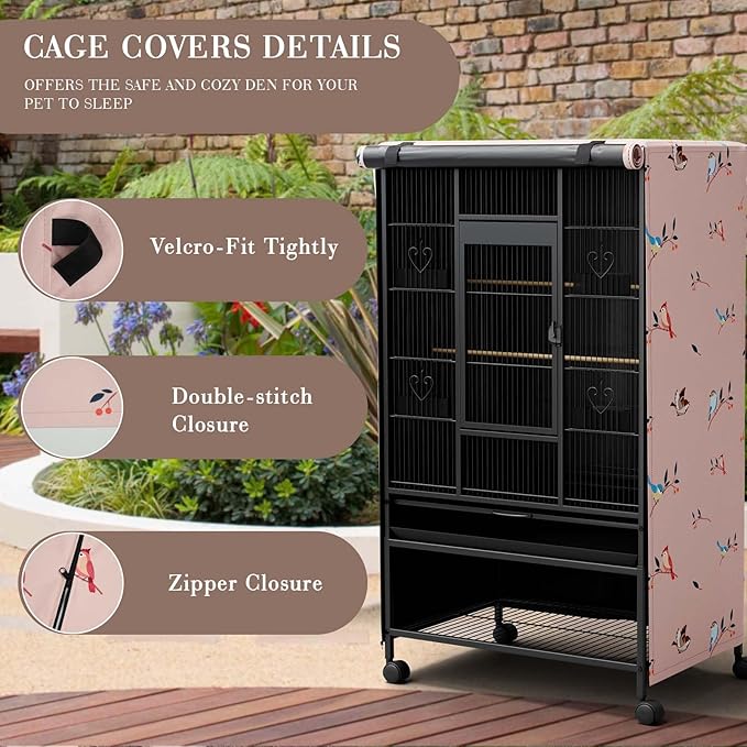 Tchvt Nighttime Bird Cage Covers with Zipper Panel Blackout Birdcage for Winter Universal Breathable Large Good Night Enclosure for Bird (Bird Designs, 26x19x40 inch)