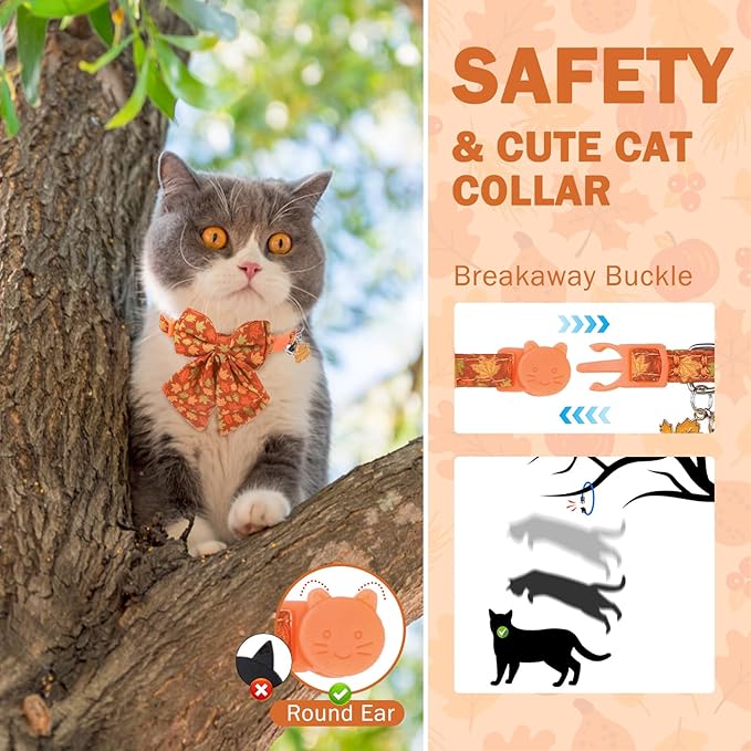 SCENEREAL Fall Cat Collar with Bell & Stylish Bowtie, Turkey Maple Leaf Pattern Breakaway Cat Collars Accessories for Boy Girl Small Cats, Holiday Thanksgiving Kitten Costumes for Female Male Pets