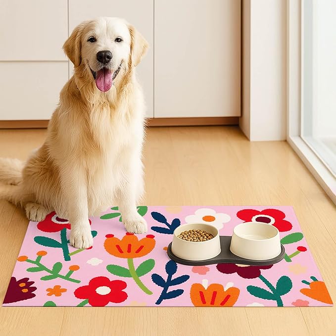Pet Feedings Mats 20x12 inch Floral Print Pet Bowl Placemat Non Slip Mat for Cat and Dog Food and Water Indoor Pet Feeding Station Colorful Meal Mat for Small Pets Kitchen Floor Use