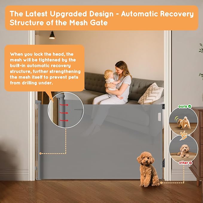 Retractable Baby Gate for Stairs, 71" Wide Mesh Pet Gate, Automatic Tension, One-Hand Operation, 38" Tall Baby Gates for Doorways, Hallways, Deck, Indoor Outdoor, Safe, Easy to Fit, Gray