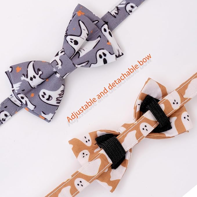 Faygarsle 2 Pack Halloween Breakaway Cat Collar Collection Ghosts Pattern Cute Cat Collar with Bell for Kittens Female Male Cats Seasonal Holiday Bowtie Fall Cat Collar Orange Gray