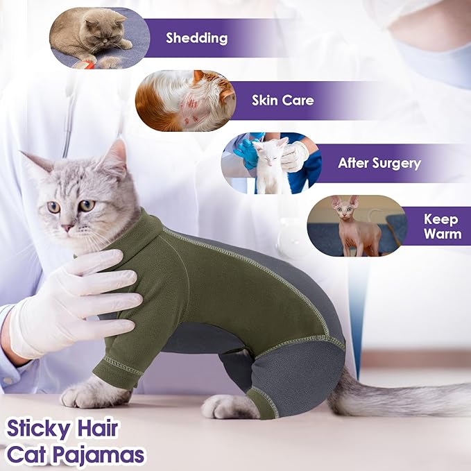 SUNFURA Hair Sticky Cat Clothes, Cat Sweater for Cats Only, 4-Legged Fleece Sweaters Kitten Pajamas Reduce Shedding Fur, Warm Pullover Shirts for Cats, Army Green L