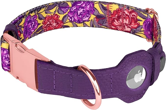 AirTag Dog Collar for Small Medium Large Breed - Adjustable Cute Pattern Dog Collar with Airtag Holder - Soft Leather Tracker GPS Apple Air Tag Pet Collars (Large, 17"-21" Neck Fit, Peonies)