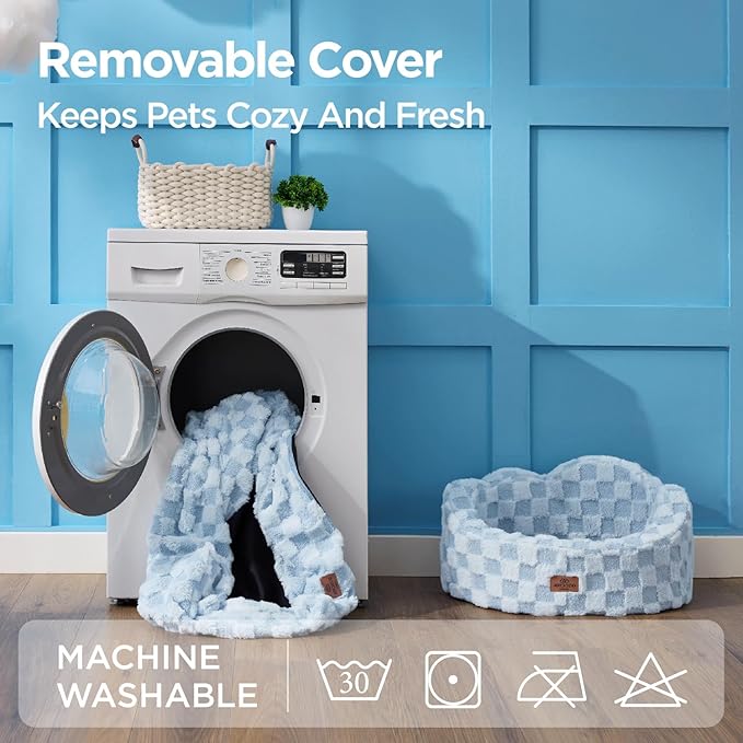 Joydeco Cloud Dog Bed for Small Dogs & Cats, Washable Pet Bed with Orthopedic Foam and Removable Checkered Plush Pad, Non-Slip Bottom for Indoor Puppies and Kittens, 22x20 Inch, Light Blue