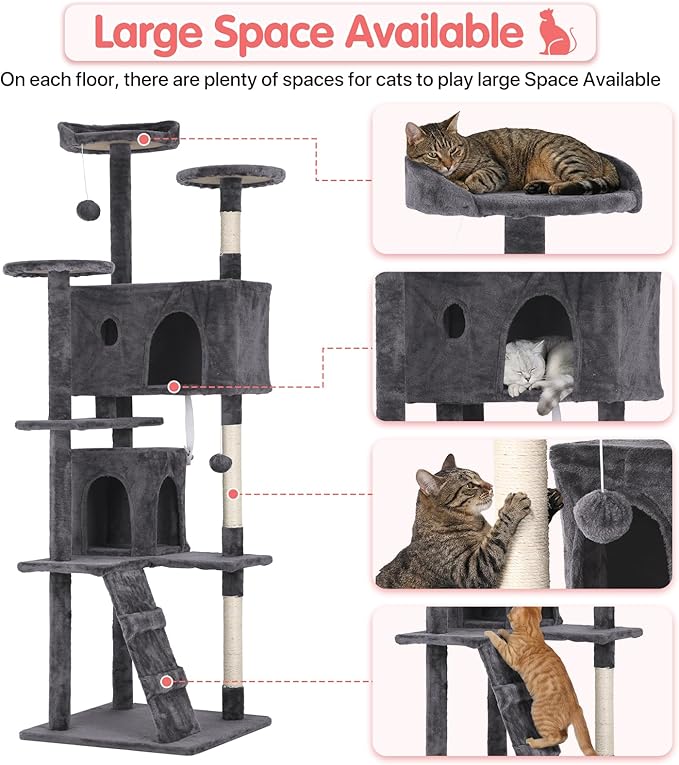 70in Cat Tree Cat Climbing Tower with Scratching Post, Cats House Perch Kitten Tree Condo Wood Playhouse, Pet Trees Tower for Indoor Cats, ASHY