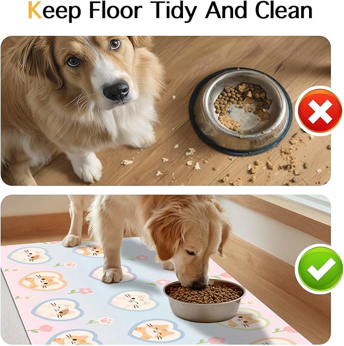 Cat Feedings Mats 20x12 inch Pastel Heart Kitten Print Pet Bowl Placemat Non Slip Mat for Dog Food and Water Indoor Kitty Feeding Station Cute Cats Meal Mat for Small Pets Kitchen Floor Use