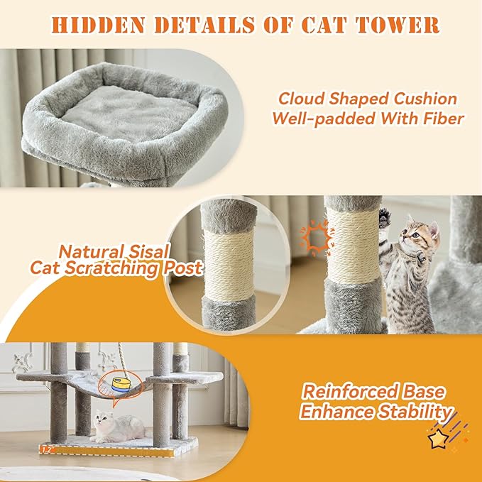 Sweetcrispy 66 Inch Cat Tree Tower, Multi Level Cat Climbing Tower with Natural Sisal Scratching Posts, Hammock, Pet Condo for Indoor Cats and Kittens Play, Grey