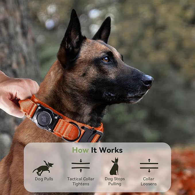2026 Upgrade Waterproof AirTag Dog Collar, Military Tactical Dog Collar with AirTag Holder, Comfortable Control Handle and Metal Buckle, GPS Dog Collar Holder for Medium to Large Dogs (Orange, XL)