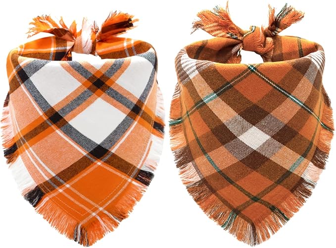 Fall Dog Bandanas,Autumn Halloween Orange Plaid Scarf,Triangle Holiday Thanksgiving Outfit for Boy and Girl Dogs,Pet Costumes for Medium to Large Dogs,2PCS Double-Sided Plaid Design with Tassels