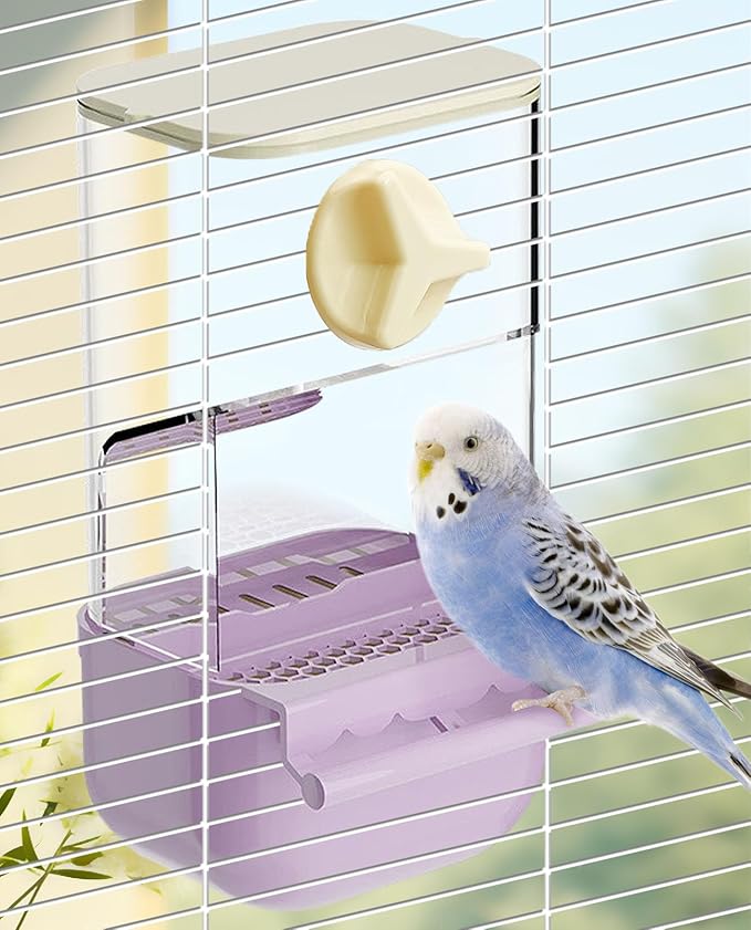 BNOSDM No Mess Bird Cage Feeders Automatic Bird Feeder Parrot Cage Accessories Transparent Seed Food Container with Perch for Finches, Parakeets, Budgies, Lovebirds, Cockatoos, Canaries（Purple）