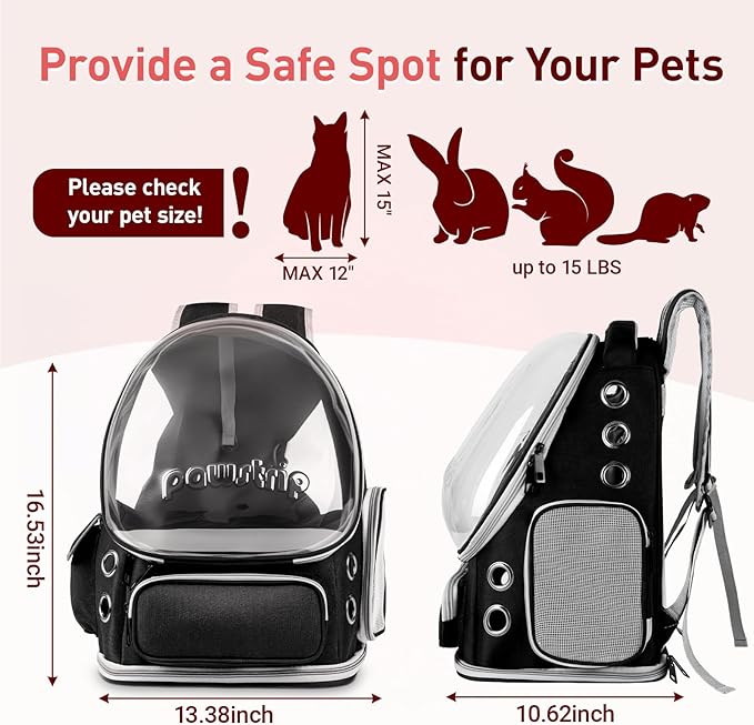 Pawstrip Cat Backpack Carrier with Large Space Bubble Window, Airline Approved Breathable Pet Carrier for Small Dogs Cats up to 15lbs, Foldable for Travel Hiking & Outdoor Use