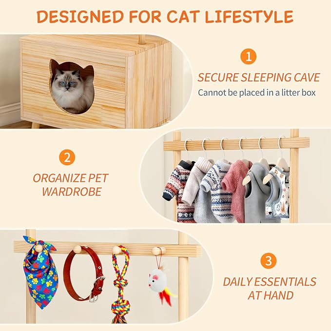 LOYIGA Cat House Side Table,Dog Closet Wooden Pet House Kitten Clothes Rack,Indoor Cat Activity Center for Toy Organization,No Paint (Natural)