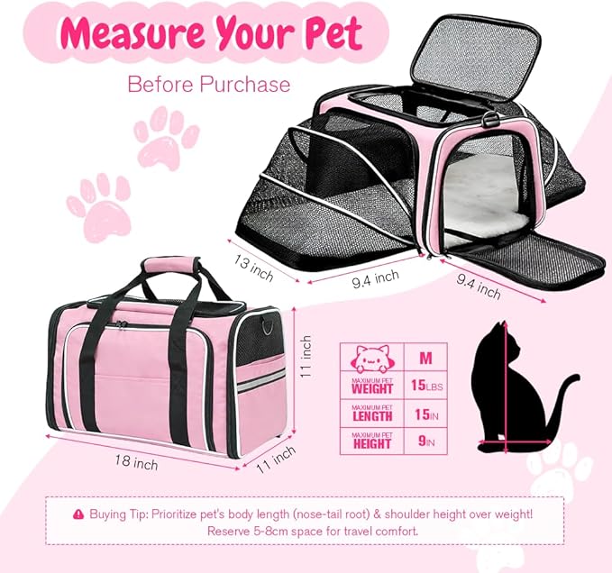 Double Expandable Cat Carrier,Airline Approved Soft-Sided Pet Travel Carrier for Small Dogs Cats under 15 lbs,Waterproof 600D Oxford Fabric with Washable Replacement Liner,Odor-Free & Claw-Proof(Pink)