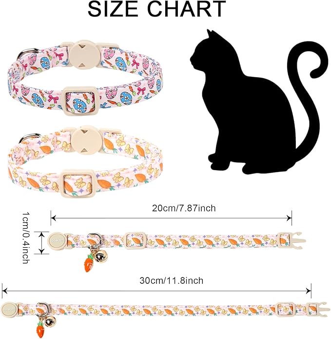 2 Pack Easter Cat Collars,DOGWONG Cute Breakaway Kitty Collars,Blue Bunny Pink Carrot Cat Collar with Bell, Easter Kitten Collars for Girl & Boy Cats
