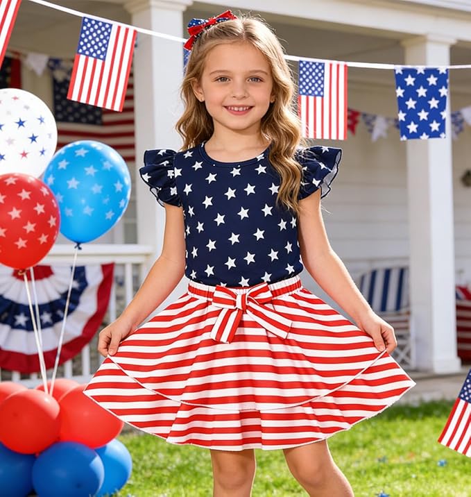 Girls Skirt Set 2 Piece Outfit Toddler Summer Clothes Ruffle Sleeve T-Shirt Bow Knot Tutu Skirt Outfit Set