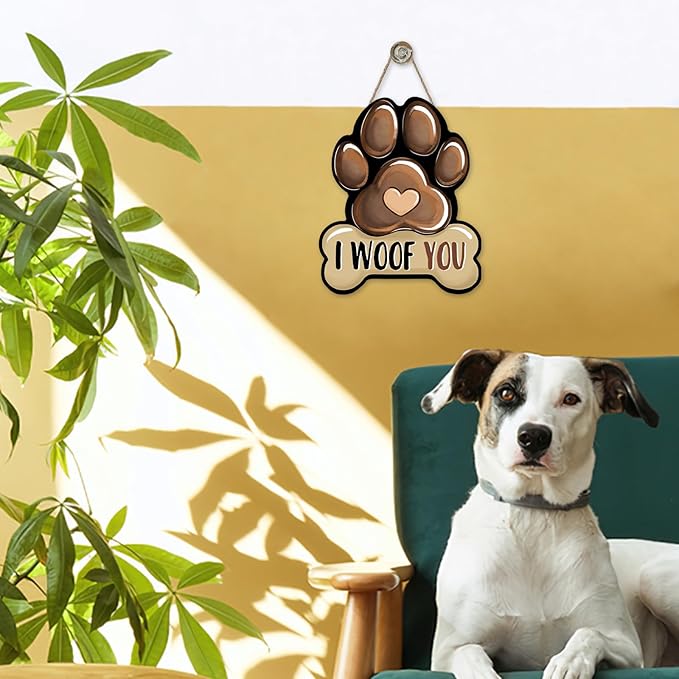 Dog Paw Prints Front Door Sign, I Woof You Bone Wood Hanger Outdoor Outside Porch Home Decor, Wooden Wreath Indoor Wall Hanging Decoration Pet Owner Lover Gift