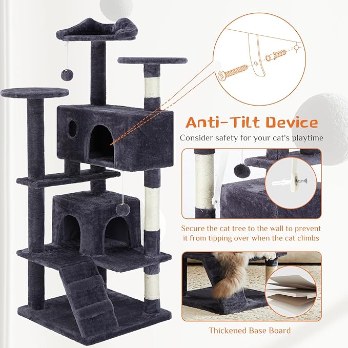 Sweetcrispy 54 Inch Cat Tree Tower, Multi-Level with Cat Scratching Post, Indoor Cat Condo with Climbing Ladder, Plush Toy, Play House for Cat, Dove Grey