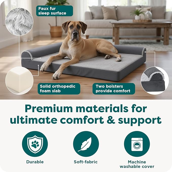 Furhaven Orthopedic Dog Bed for Large Dogs w/ Removable Bolsters & Washable Cover, For Dogs Up to 125 lbs - Plush & Velvet L Shaped Chaise - Sable Brown, Jumbo Plus/XXL