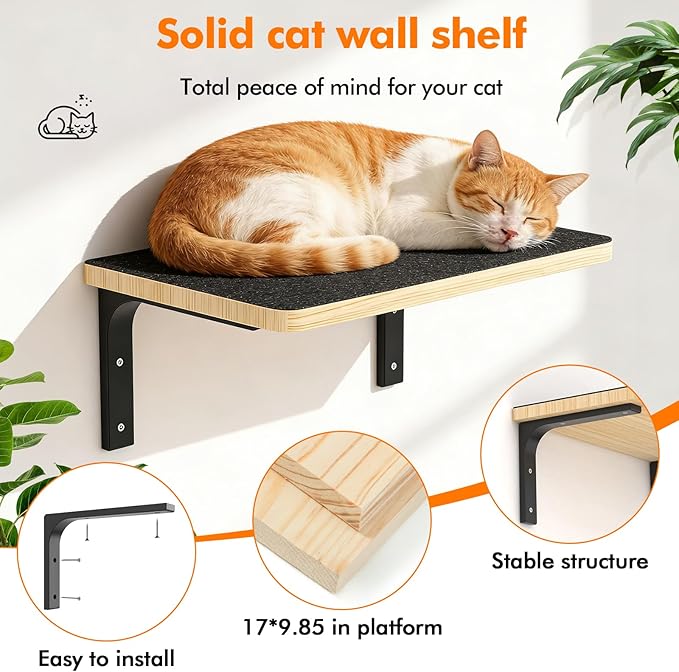 2PCS Cat Wall Shelves with Felt Board,17x9.85 Inch Solid Wood Cat Wall Furniture, Wall Mounted Cats Shelves for Sleeping, Climbing and Scratching