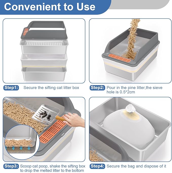 Stainless Steel Sifting Litter Box with Lid, XXL Extra Large Sifting Cat Litter Box for Pine Pellets & Big Cats,Metal Pellet Sifter Litter Pan System for Odor Control,Sifting Box Liners & Scoop