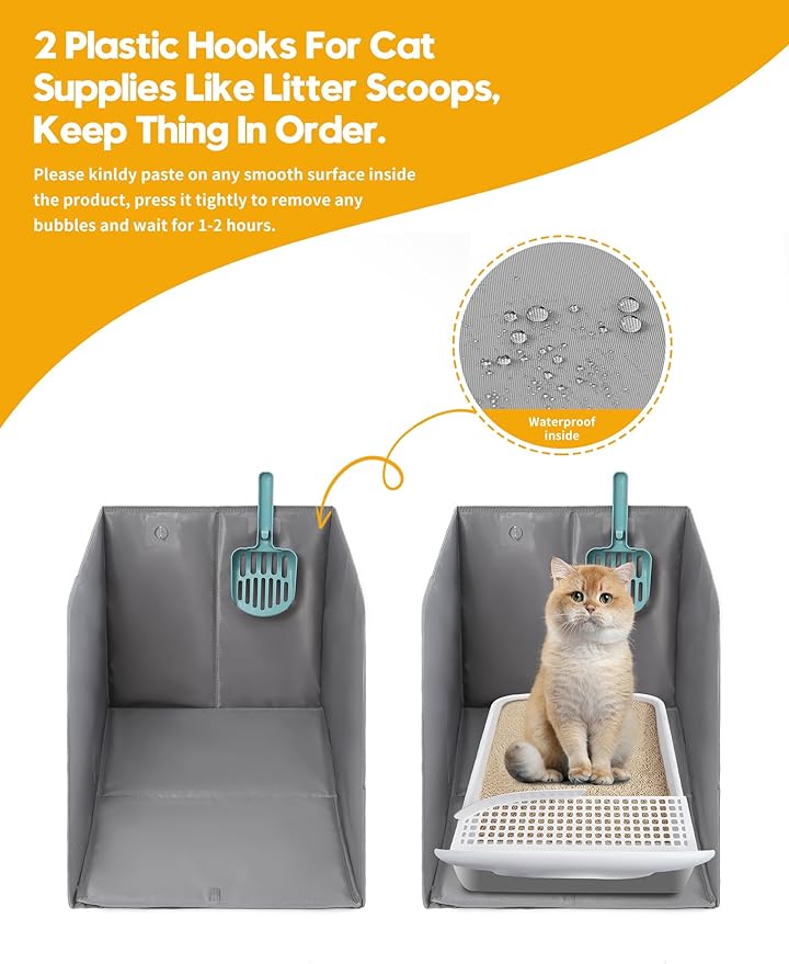Waterproof Cat Litter Box Enclosure Splash Guard with Removable Mat, Cat Box Enclosure with 2 Hooks for Scoop, Anti-Leakage, Dust Control, Easy to Clean-24.02 x 16.14 x 16.14 inches