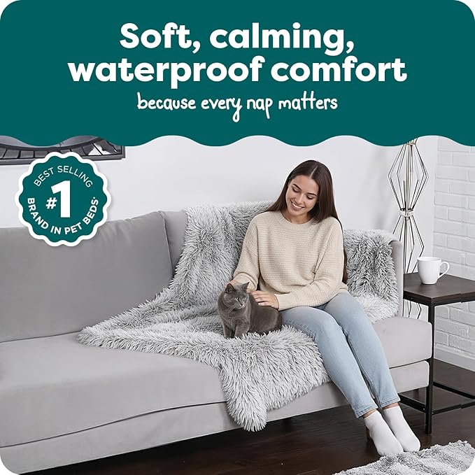 Furhaven Waterproof Throw Blanket for Dogs & Indoor Cats, Washable - Shaggy Plush Calming Long Faux Fur & Velvet Dog Blanket - Mist Gray, Large