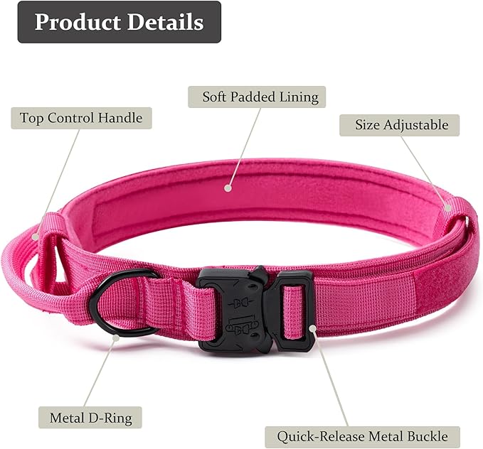 Tactical Dog Collar, Adjustable Military Training Nylon Dog Collar with Control Handle and Heavy Quick-Release Metal Buckle for Small Medium Large Dogs,Pink XXL