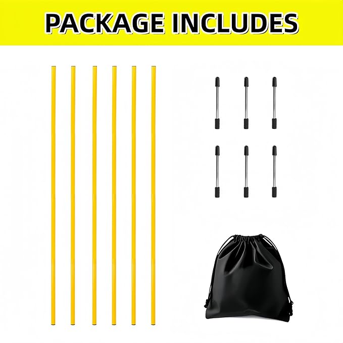 6 Pcs Soccer Agility Poles for Training, 5 FT Adjustable Speed and Agility Training Equipment for Football/Basketball/Horse/Dog Practice, Soccer Sticks with Steel Ground Nails Outdoors