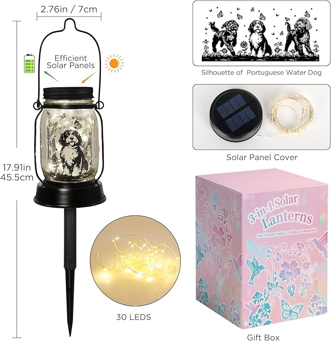 Portuguese Water Dog Gifts for Women/Men Portuguese Water Dog Solar Lanterns Mom Birthday Pet Lovers Lantern Pet Loss Memorial Lights Solar Garden Decoration for Yard, Patio,Backyard,Porch Lights