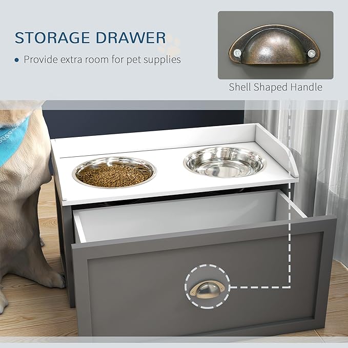PawHut Feeding Station with Storage Drawer, Food Storage Cabinet with 2 Removable Elevated Bowls for Large Sized Dogs, Gray