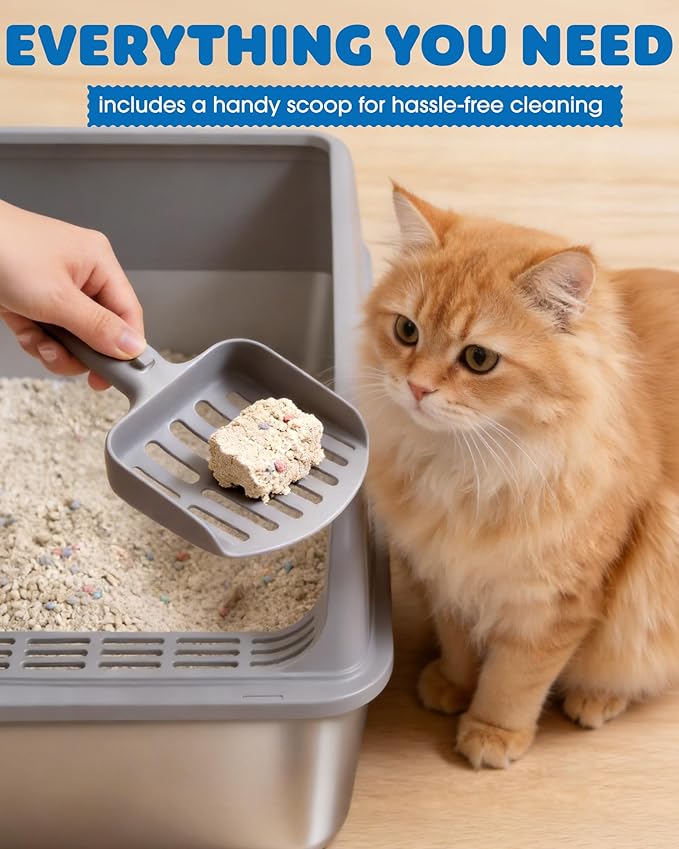 Stainless Steel Cat Litter Box, Metal Litter Box with Scoop, High- Sided, Anti-Leakage Top Entry, Non-Sticky, Easy to Clean, Grey, XL (1 Pack)