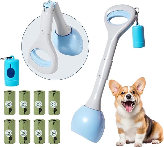Dog Pooper Scooper Portable with Bag Attachment, One Handed Foldable Design, Includes 120 Waste Bags and Dispenser, 19 Inch Handle for Grass Yard Gravel Cleanup (Blue)