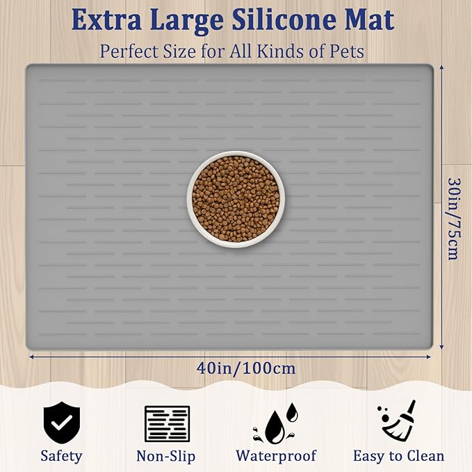 40"x30" XXL Silicone Dog Feeding Mat, 1.5MM Extra Thick Dog Bowl Mat for Food and Water, Large Non-Slip Placemat with High Edges for Dogs Bowls, Easy to Clean, Brown