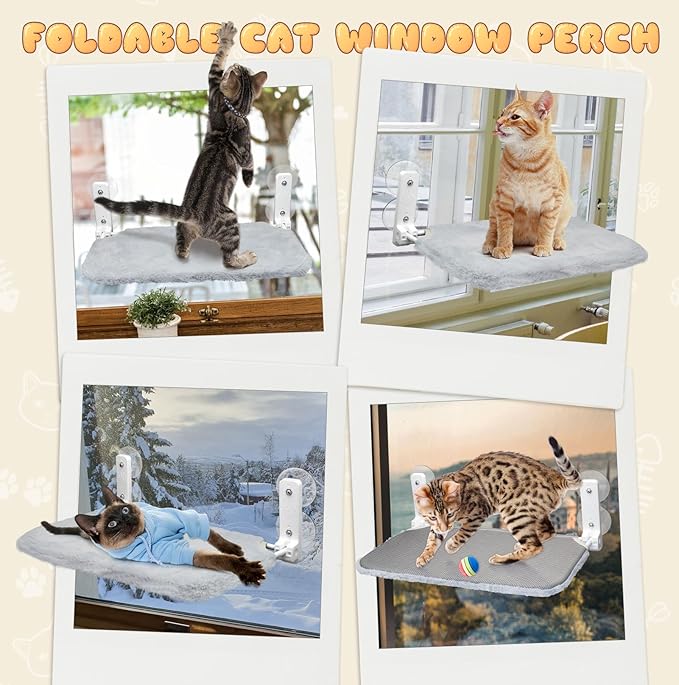 Cat Window Perch, Cordless Foldable Hammock Bed for Large Cat 2-in-1 Breathable & Plush Cushion Reversible Cover with 4 Large Suction Cup Solid Metal Frame Resting Seat Easy to Remove Indoor Grey