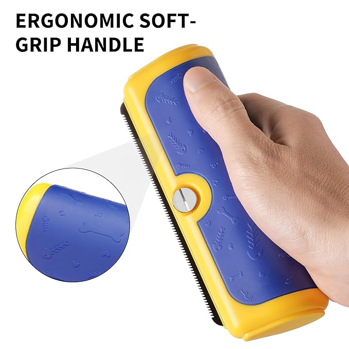 Dog Deshedding Brush & Shedding Blade, Everyday Undercoat Grooming Tool for Short & Medium Fur and Double Coats, Replaceable Metal Blade, Ergonomic Handle, Blue & Yellow