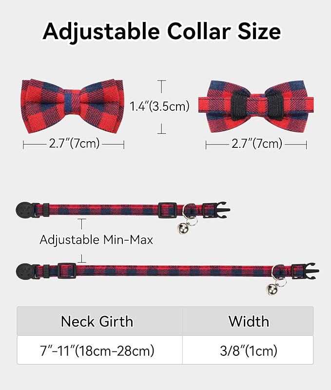 Joytale Upgraded Cat Collar with Bells, Breakaway Cat Collars with Bow Tie, 1 Pack Girl Boy Safety Plaid Kitten Collars, Red