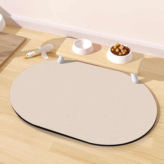 Pet Feeding Mat – 20''x12'' Absorbent Dog Food Mat, Pet Water Mats Protect Floor, No Stains Quick Dry Water Bowl Mats, Non-Slip Rubber Base Pets Placemats for Food, Beige