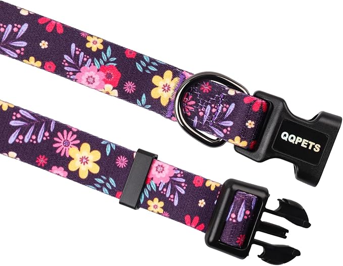 QQPETS Adjustable Soft Dog Collar: Print Flower Pink Multicolor Cute Patterns for XS Small Medium Large Pet Girl Boy Puppy Walking Running Training (XS, Elegant Purple)