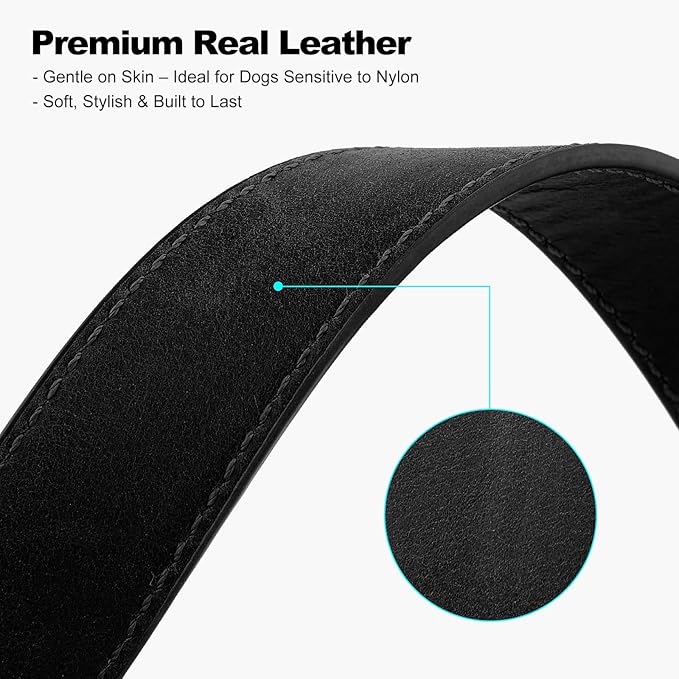 Plutus Pet Genuine Leather Dog Collar – Adjustable Pet Collar with Quick Release Metal Buckle, Soft Real Leather for Small Medium Large Dogs, Heavy Duty & Skin-Friendly (Black, L)