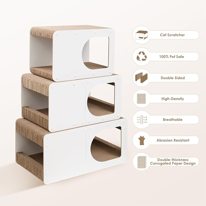 EHEYCIGA Cardboard Cat Scratcher House, 17-Inch Corrugated Cat Scratcher for Indoor Cats, Kitten Scratching Board Pad, White
