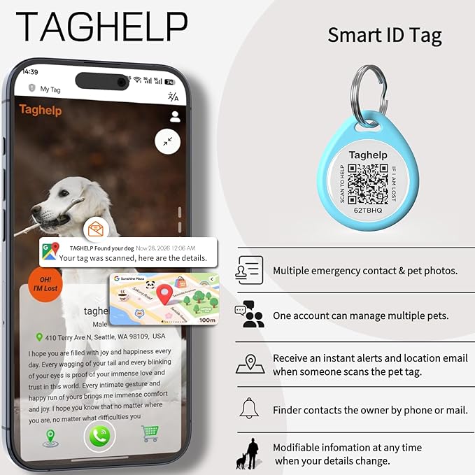 Smart QR Code Pet ID Tag for Dogs - Instant GPS Location Alert via Email, No App/Subscription Required, Waterproof Anti-Lost Personalized Dog Collar Accessories (Blue, 1.2 Inch)
