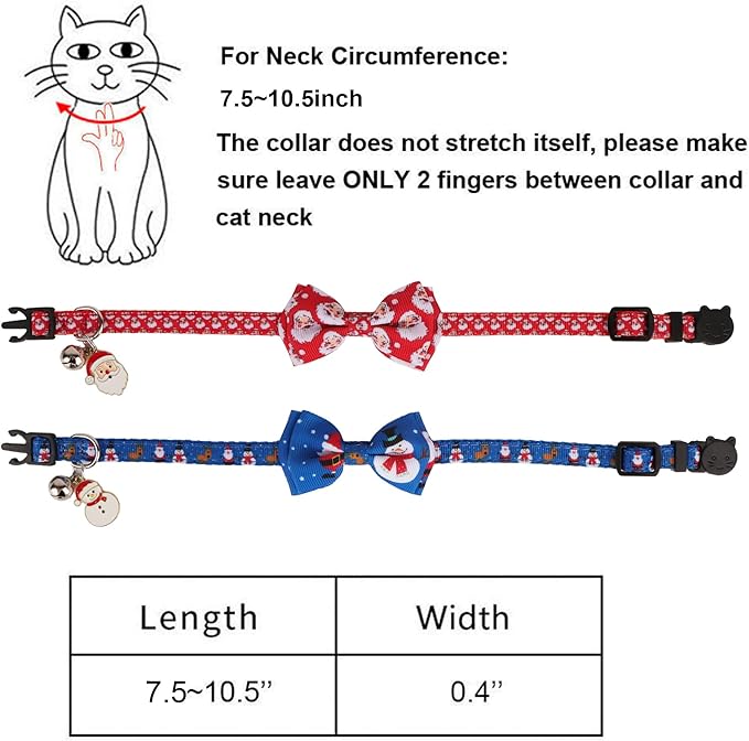 ADOGGYGO Christmas Cat Collar with Bowtie Bell, Removable Kitten Bow, 2 Pack Red Green Santa Snowman Christmas Collars for Cat Kitten
