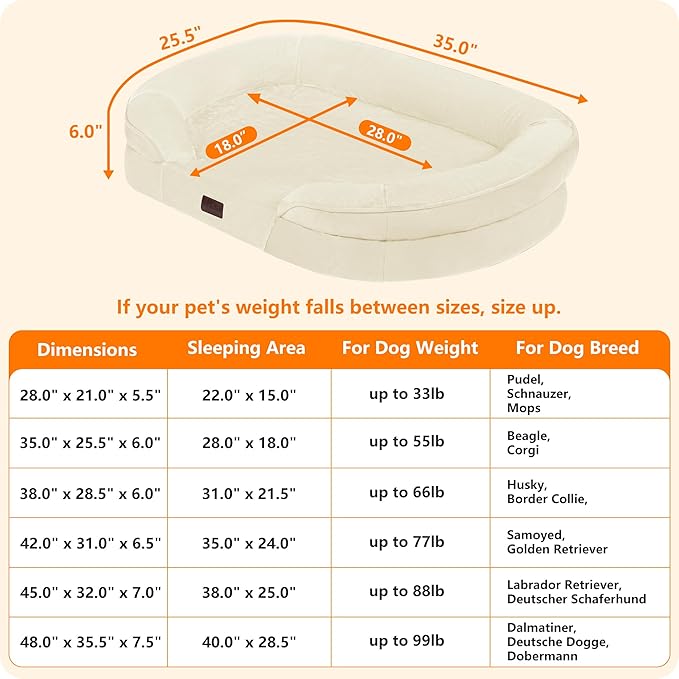 Dwanton Orthopedic Dog Bed for Medium Dogs with Gel Memory Foam, Waterproof Dog Sofa, Washable Pet Bed with Four Sided Bolster Cushion, Removable Cover & Non-Slip Bottom, 35", Beige