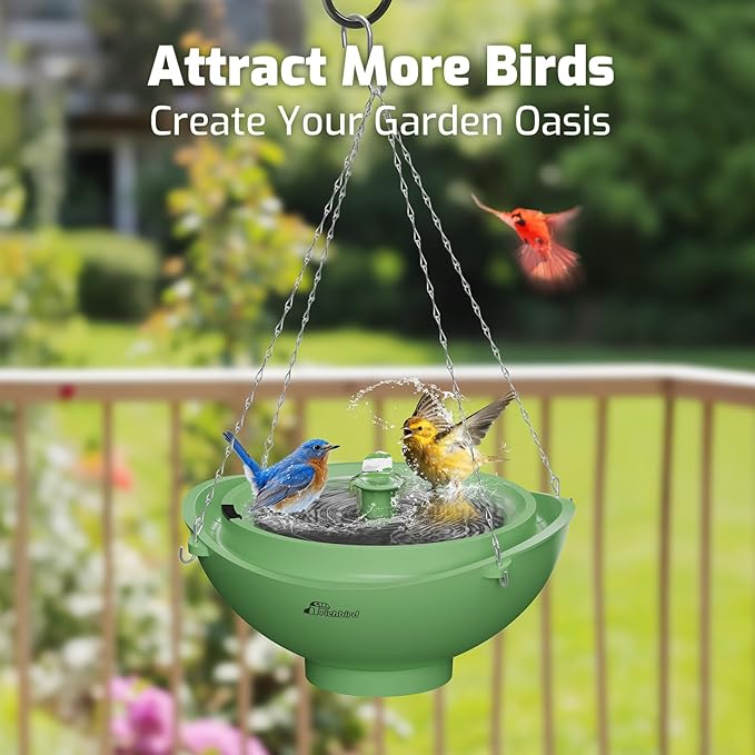 Solar Bird Bath with Fountain and Battery Backup, 3-in-1 Hanging or Freestanding Birdbath, Low-Water Protection & 3 Nozzles for Garden Patio Decor (Forest Green)