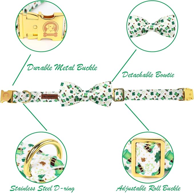 MR. CHUBBYFACE St.Patrick's Clover Dog Collar with Bowtie, Green Clovers Shamrock Pattern Metal Buckle Dog Collar Adjustable Shamrock Collar for Small Medium Large Dogs