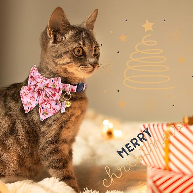 Faygarsle 2 Pack Christmas Cat Collar with Bow Tie - Breakaway Pink & Green Winter Collar for Boy & Girl Cats