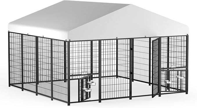 LOVMOR Outdoor Dog Kennel with Roof, Heavy Duty Steel Dog Run Enclosure for Large Dogs, Waterproof Canopy, Double Latch Door, Adjustable Feeding Bowls, Pet Pen for Yard and Patio, 10’L x 10’W x 6.5’H