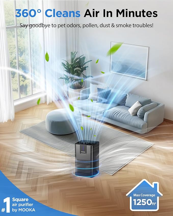 Air Purifiers for Home Large Room 1250 Ft²,MOOKA H13 HEPA Air Purifier for Pets Dust Odor Smoke,Aromatherapy Function,Air Cleaner with 15dB Quiet Sleep Mode for Bedroom Office Living Room,M05,Black